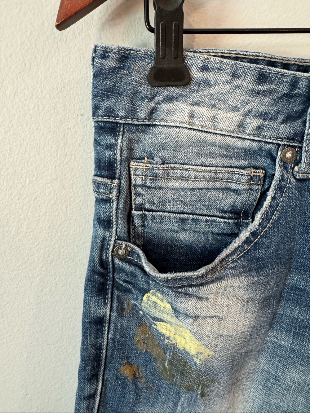 Men's Skinny/Strt Distressed Blue Paint-Detail Jeans Sz 32 - Picture 3 of 11